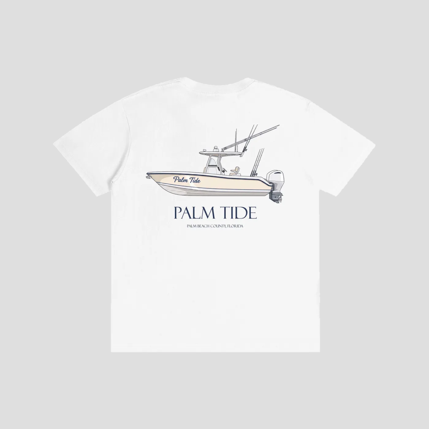 The Boat Tee, back with a center console illustration above the Palm Tide wordmark