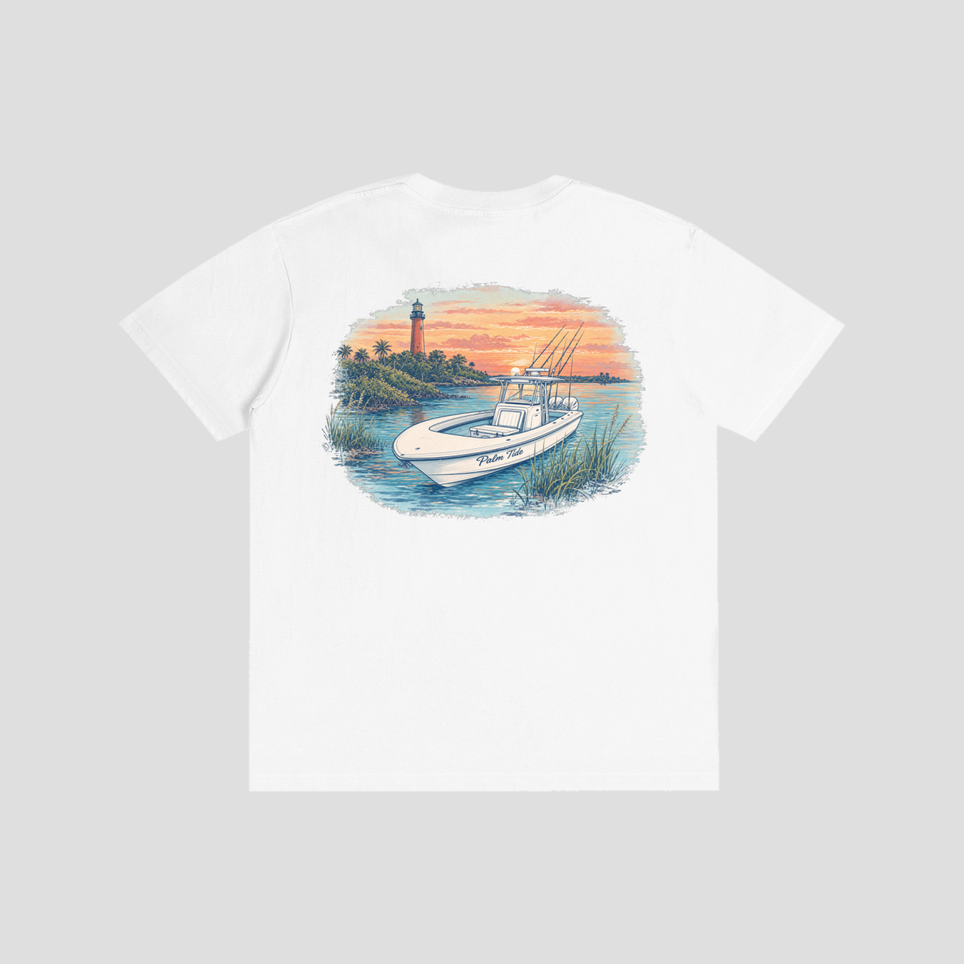 Lighthouse Tee, back with the Jupiter Inlet lighthouse at sunset and a center console on the water